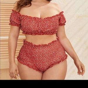 Plus size high waisted red and white bikini
